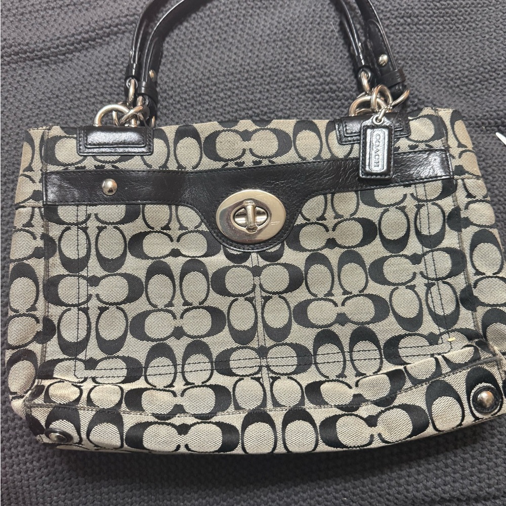 Coach Black and Cream Shoulder Bag with Signature Pattern